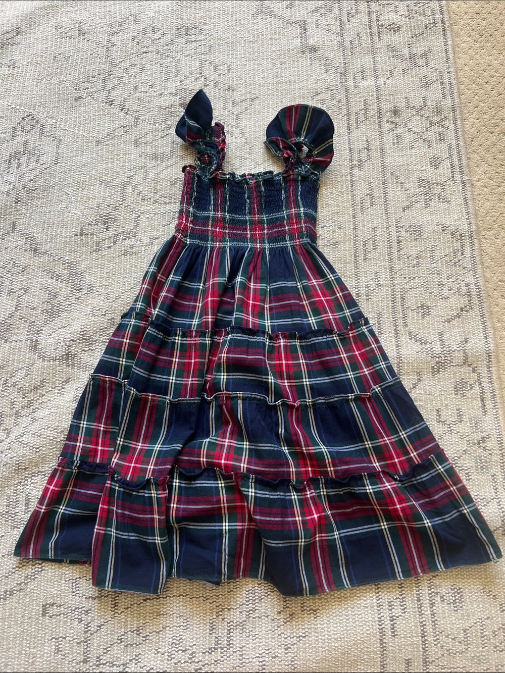 Girls Navy & Red Plaid Smocked Tiered Sundress
